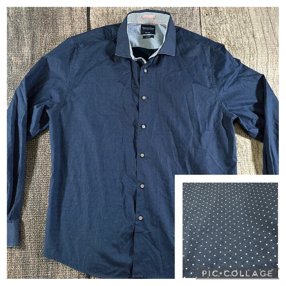Denim & Flower Ricky Singh Dress Slim Fit Shirt Mens XL Navy Dots Button